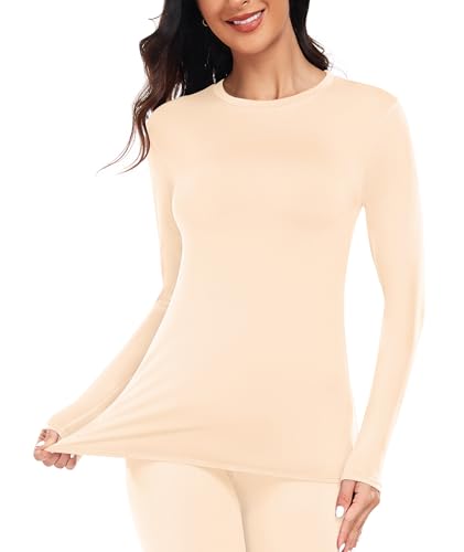 YADIFEN Thermounterwäsche Damen Thermo Oberteil Langarm Thermoshirt Warme Unterwäsche Winter Funktionsshirt Thermal Unterhemd mit Innenfleece (Beige,M) von YADIFEN