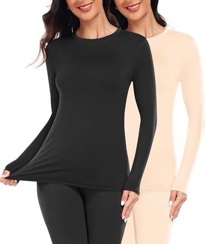 YADIFEN Thermounterwäsche Damen Thermo Oberteil Langarm Thermoshirt Warme Unterwäsche Winter Funktionsshirt Thermal Unterhemd mit Innenfleece (Schwarz + Beige,S) von YADIFEN