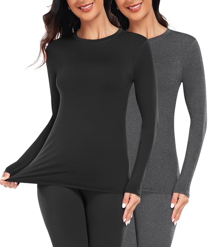 YADIFEN Thermounterwäsche Damen Thermo Oberteil Langarm Thermoshirt Warme Unterwäsche Winter Funktionsshirt Thermal Unterhemd mit Innenfleece (Schwarz + Grau,3XL) von YADIFEN