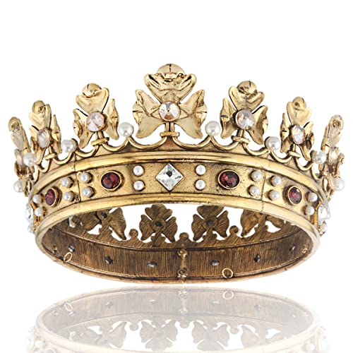 YADIRF Barock Königskrone Herren Metall Prinz Haarkrone Vollkreis Geburtstag Party Haarschmuck für Halloween Kostüm Party Abschlussball Festzug (Dunkelgold mit Champagnerstein), M von YADIRF