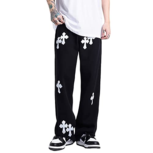 Herren Baggy Hip-Hop Cross Patchwork Jeans Loose Fit Weites Bein Gerade Denim Hosen Streetwear, Schwarz, X-Groß von YADMISU