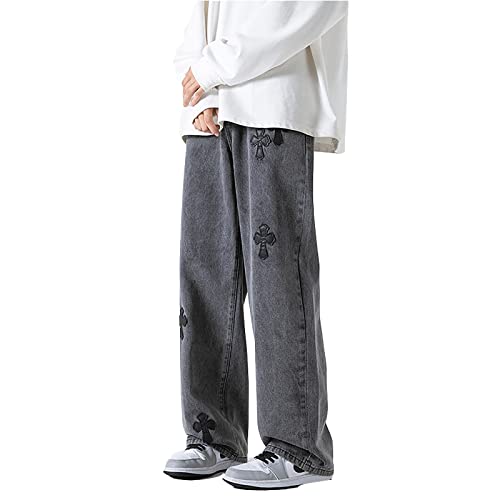 Herren Baggy Hip-Hop Cross Patchwork Jeans Loose Fit Weites Bein Gerade Denim Hosen Streetwear, Schwarz Grau, Mittel von YADMISU