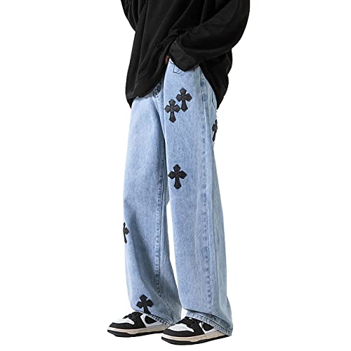 Herren Baggy Hip-Hop Cross Patchwork Jeans Loose Fit Wide Leg Straight Denim Pants Streetwear, Blau, Klein von YADMISU