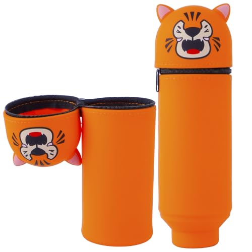 YADOBIG 2 in 1 Kawaii Federmäppchen, Teleskopisch Silikon Schlampermäppchen mit Reißverschluss, Ständer Federmäppchen Silikon, Kawaii Tiger, Geeignet für Schule, Büro, Geschenk für Jungen und Mädchen von YADOBIG
