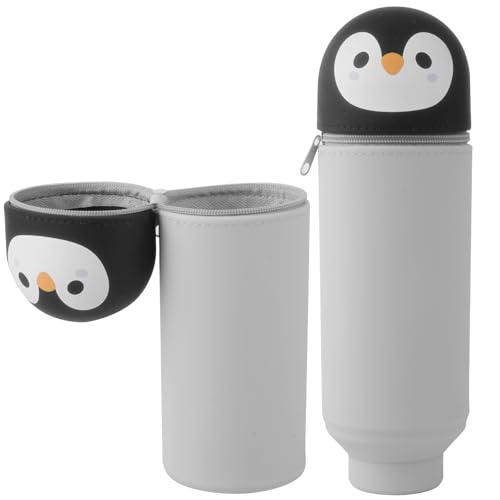 YADOBIG 2 in 1 Kawaii Schlampermäppchen, Teleskopisch Silikon Federmäppchen mit Reißverschluss, Ständer Federmäppchen Silikon, Geeignet für Schule, Geschenk für Jungen und Mädchen, Kawaii Pinguin von YADOBIG