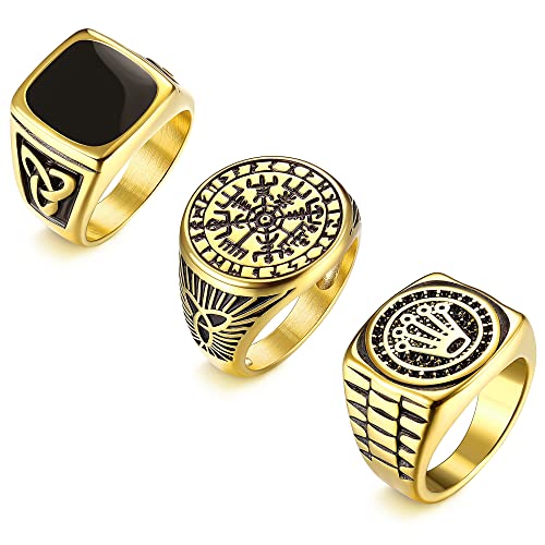 YADCOA 3Pcs Wide Siegelring Edelstahl Ringe Herren Männer Krone Kompass Gold Vintage Hip Hop Rock Wikinger Ringe Gothic Biker Ring Set Herren Verlobungsringe Größe 12 von YADOCA