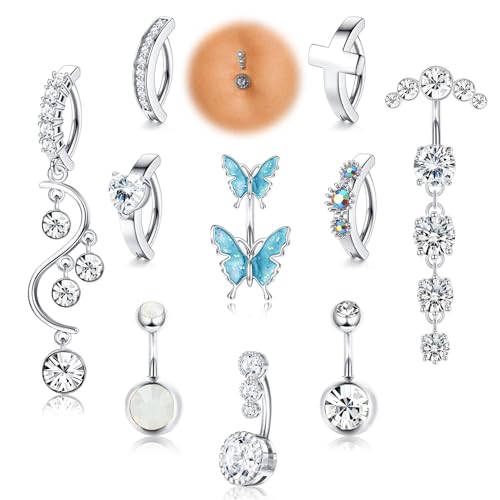 YADOCA 10Pcs 14G Bauchnabelpiercing für Damen Chirurgenstahl Bauch Piercing CZ Herz Schmetterling Clicker Nabel Ringe Körper Piercing Schmuck von YADOCA