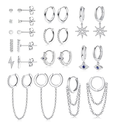 YADOCA 12 Paar Kleine Ohrstecker Set für Damen Mädchen Edelstahl Huggies Creolen Ohrring Evil Eye Stern Perle Kugel Kette Creolen Knorpel Tragus Ohrringe für Frauen von YADOCA