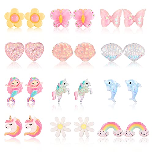 YADOCA 12 Paare Ohrclips für Mädchen Clip Ohrring Kinder Non Piercing Prinzessin Spielen Ohrringe Schmetterling Meerjungfrau Delphine Blume Herz Ohrringe Mädchen Verkleiden sich Schmuck für Kinder von YADOCA