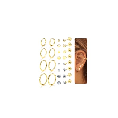 YADOCA 12 Paar Piercing Ohr Gold Silber, 316L Chirurgenstahl Ohrringe für Damen Herren Medizinische Ohrstecker und Creolen für Mehrfachpiercing 14K Vergoldet Helix Tragus Piercings von YADOCA