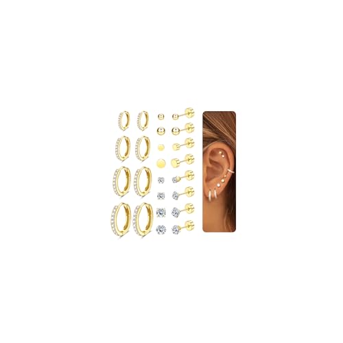 YADOCA 12 Paar Piercing Ohr Gold Silber, 316L Chirurgenstahl Ohrringe für Damen Herren Medizinische Ohrstecker und Creolen für Mehrfachpiercing 14K Vergoldet Helix Tragus Piercings von YADOCA