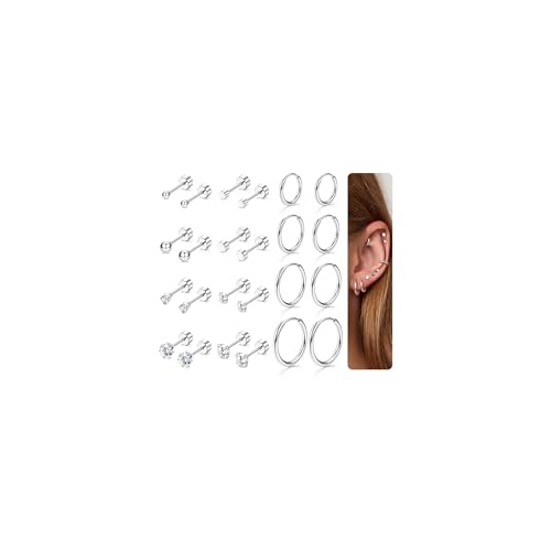 YADOCA 12Pairs Ohrringe Silber Set für Damen Hypoallergen 14K Vergoldet Piercing Ohr Chirurgenstahl Medizinische Ohrstecker Creolen Set Helix Knorpel Piercings für Frauen Mädchen -A von YADOCA