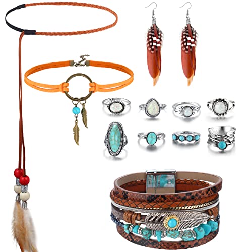 YADOCA 13PCS Bohemian Türkis Schmuck Set für Damen Anhänger Wildleder Lange Choker Halskette Stirnband Vintage Türkis baumeln Ohrringe Boho Leder Manschette Armband mit Stapelbaren Knöchel Ringe von YADOCA