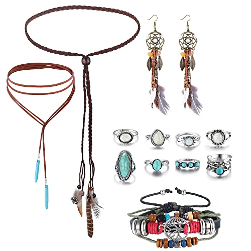 YADOCA 13PCS Bohemian Türkis Schmuck Set für Damen Anhänger Wildleder Lange Choker Halskette Stirnband Vintage Türkis baumeln Ohrringe Boho Leder Manschette Armband mit Stapelbaren Knöchel Ringe von YADOCA