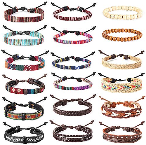 YADOCA 15-18 Stück Leder Chakra Bead Tribal Armband (Unisex) National Charme Handgestrickt Boho Hanf Holz Perlen String Armbänder für Männer Frauen Mädchen Armbänder von YADOCA