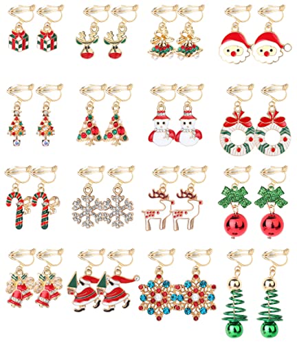 YADOCA 16 Paar Weihnachten Ohrringe Clips für Frauen Kinder Ohrclips Baum Geschenk Weihnachtsbaum Weihnachtsmann Schneemann Elch Schneeflocke Kein Piercing Klipp Ohrringe Set von YADOCA