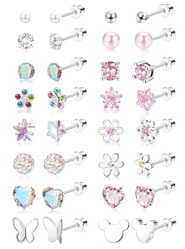 YADOCA 16Paar Ohrringe Mädchen Kinder Hypoallergene Chirurgenstahl Medizinische Ohrstecker Schraubverschluss Ohrring Herz Perle Blume Schmetterling Ohrringe Set von YADOCA