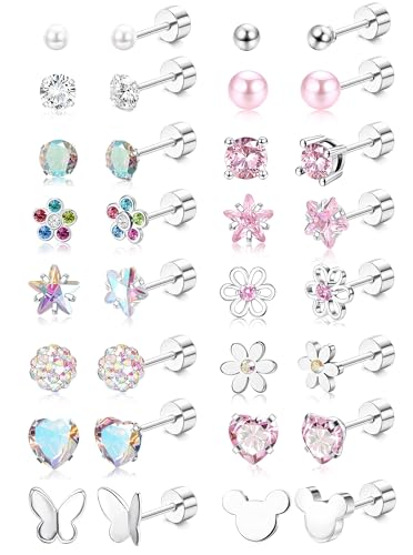 YADOCA 16Paar Ohrringe Mädchen Kinder Hypoallergene Chirurgenstahl Medizinische Ohrstecker Schraubverschluss Ohrring Herz Perle Blume Schmetterling Ohrringe Set von YADOCA