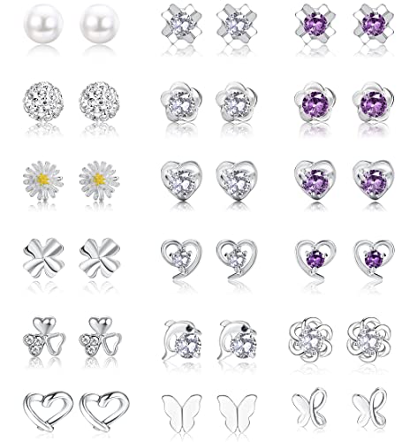 YADOCA 18 Paar 925 Sterling Silver Ohrstecker Set für Damen Mädchen Zirkonia Ohrring Perle Kristall Runde Herzform CZ Blume Schmetterling Ohrringe Kinder Kleine Knorpel Ohrstecker von YADOCA