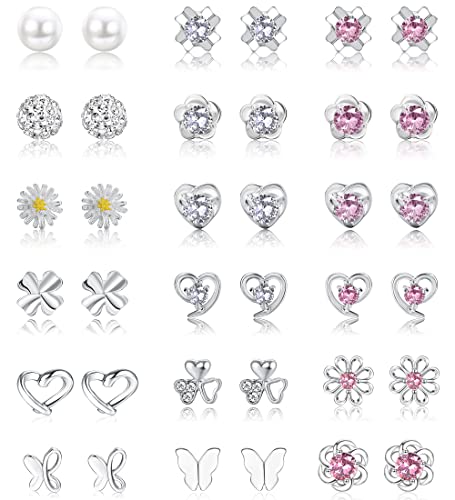 YADOCA 18 Paar 925 Sterling Silver Ohrstecker Set für Damen Mädchen Zirkonia Ohrring Perle Kristall Runde Herzform CZ Blume Schmetterling Ohrringe Kinder Kleine Knorpel Ohrstecker von YADOCA