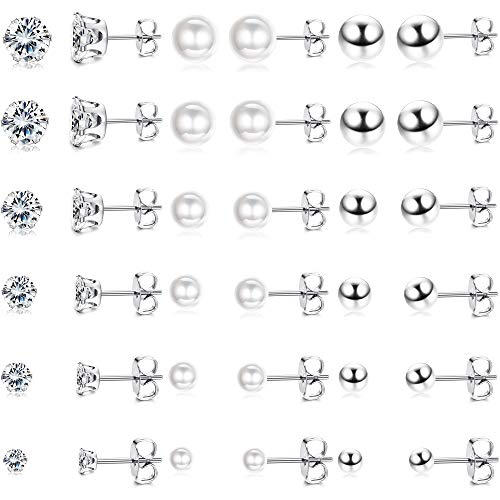 YADOCA 18 Paare Edelstahl Silber Ohrringe für Damen Mädchen Runde Ball Zirkonia Faux Perle Ohrringe Stecker Set Ohr Piercing Ohrstecker Verschiedene Größen (3-8mm) von YADOCA