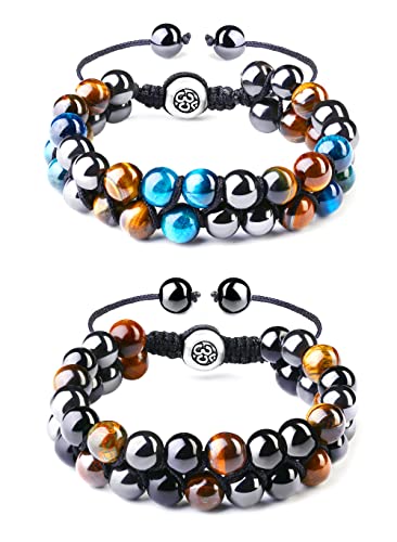 YADOCA 2 Stück Herren Armbänder 8 mm Perlenarmbänder Blaues Tigerauge Obsidian Natursteinperlen Dreifachschutz Armbänder für Männer Frauen Weihnachten Valentinstag Vatertagsgeschenk von YADOCA