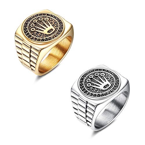 YADOCA 2 Stücke Herren Ringe Silber Gold Edelstahl Hip Hop Ring Set Modeschmuck Iced Out Punk Ring Vintage Kronen Siegelring für Männer Frauen von YADOCA