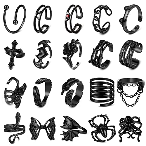 YADOCA 20 Stück Vintage Punk Ringe für Damen Herren Y2K Offene Schwarze Ringe Set Schlange Fledermaus Teufel Spinne Kralle Skul Verstellbarer Knöchel Stapelring Gothic Schmuck A von YADOCA