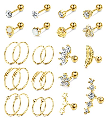 YADOCA 25 Stück 16G Edelstahl Knorpel Ohrringe für Damen Mädchen CZ Barbell Stud Piercing Knorpel Hoop Tragus Daith Forword Helix Conch Piercing Schmuck Set Gold von YADOCA