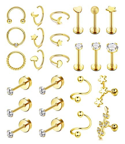 YADOCA 25PCS Knorpel Ohrringe für Frauen 20G 16G Edelstahl Silber Rose Gold Schwarz Forward Helix Tragus Conch Daith Knorpel Piercing Schmuck von YADOCA