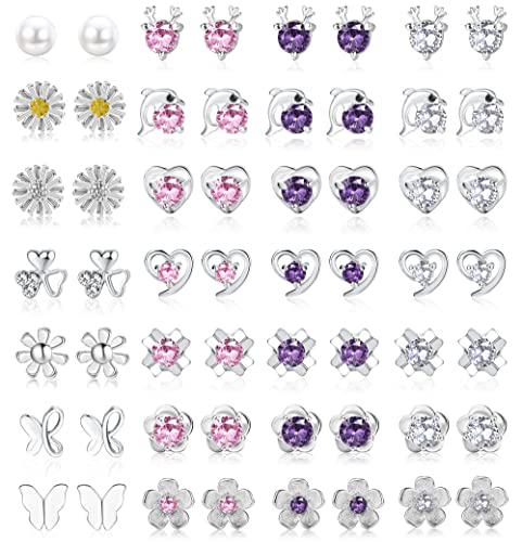 YADOCA 28 Paar 925 Sterling Silver Ohrstecker Set für Damen Mädchen Zirkonia Ohrring Perle Herz Delphin CZ Elch Blume Schmetterling Ohrringe Kinder Kleine Knorpel Ohrstecker von YADOCA