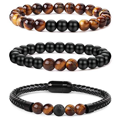 YADOCA 3 Pcs 8MM Stein Armbänder für Herren Damen Tigerauge Stein Lava Stein 7 Chakra Perlen Armband Elastische Schnur Magnetschnalle Armreif von YADOCA