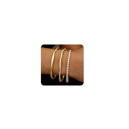 YADOCA 3 Stück Armreif Gold Armband Damen Gold Armband, 14K Gold Edelstahl Armreifen Gold Tennisarmband Damen, Silber Armreif Damen, Valentinstag für Sie Frauen von YADOCA