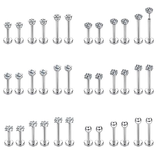 YADOCA 36 Stück Labret Piercing 16G Edelstahl 6 mm 8 mm 10 mm Pushin Lippe Medusa Helix Tragus Piercing Schmuck für Damen Herren Silber von YADOCA