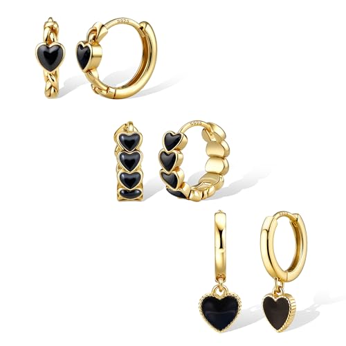 YADOCA 3 Paar Ohrringe Silber 925 Set für Damen Hypoallergene Schwarze Herz Ohrringe Klein Creolen Gold von YADOCA