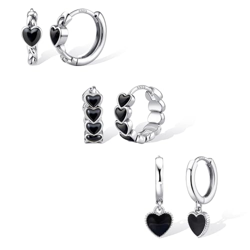 YADOCA 3 Paar Ohrringe Silber 925 Set für Damen Hypoallergene Schwarze Herz Ohrringe Klein Creolen Silber von YADOCA