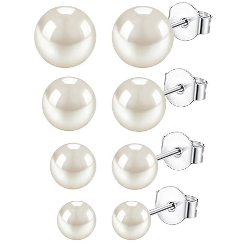 YADOCA 4 Paar 925 Sterling Silber Perlen Ohrringe für Damen Mädchen Einfache Elegante Weiße Süßwasserperlen Ohrstecker Hypoallergene Perlenohrringe Set 7-10mm von YADOCA