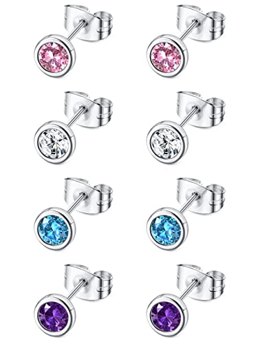 YADOCA 4 Paar Chirurgenstahl Ohrstecker für Damen Herren Mädchen Bunt Zirkonia Hypoallergen Ohrpiercings Kleiner Knorpel Tragus Ohrringe Silber Ohrstecker Set 4mm von YADOCA