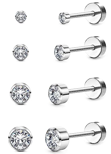 YADOCA 4 Paar G23 Titan Ohrringe für Damen Herren Titan Ohrstecker Set Cubic Zirkonia Nickelfrei Knorpel Ohrringe Hypoallergen Medizinische Ohrstecker 3/4/5/6mm, 1 von YADOCA