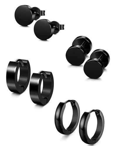 YADOCA 4 Paare Herren Ohrringe Schwarz Edelstahl Hypoallergene Creolen Ohr Piercing Set für Männer Frauen von YADOCA