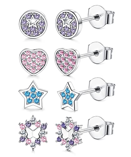 YADOCA 4 Paar Silber 925 Ohrstecker für Damen Mädchen Kinder Hypoallergen Zirkonia Ohrstecker Runder Stern Schmetterling Herz Kleine Knorpel Ohrringe Set Schmuck von YADOCA