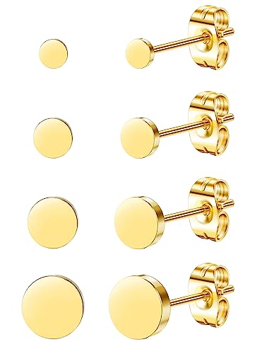 YADOCA 4 Paare G23 Titanium Ohrstecker Hypoallergen für Damen Herren Mädchen Gold Ohrstecker Runde Scheibe Ohrringe für Empfindliche Ohren 2/3/4/5mm von YADOCA