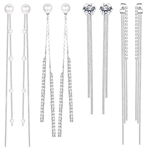 YADOCA 4 Paare Lange Quaste baumeln Tropfen Ohrringe für Damen Mädchen Kristall Perle Strass Kette Ohrringe für Hochzeit Silber Perle Hängend Ohrstecker Set von YADOCA