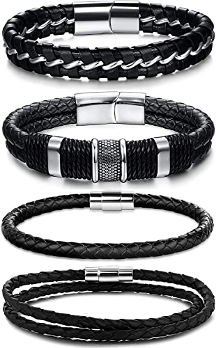 YADOCA 4 Stück Herren Armbänder Leder für Herren Damen Jungen Magnetischer Edelstahlverschluss Manschette Wickelarmband Schwarzes Lederarmband Mode Vintage Herrenschmuck von YADOCA