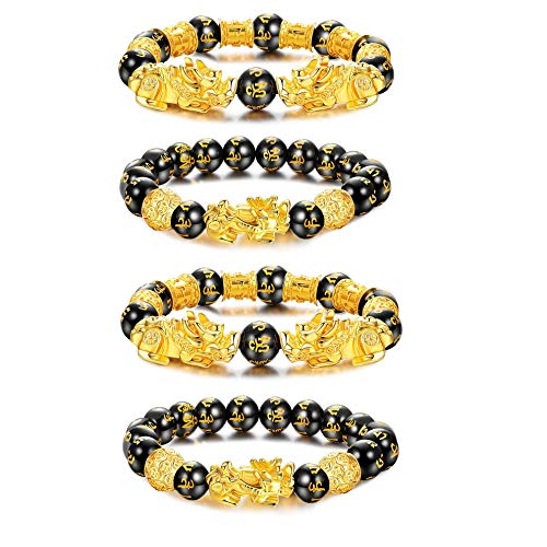 YADOCA 4 Stück Natürliche Stein Schwarz Obsidian Pixiu Armband für Männer Frauen Feng Shui Perlenarmband Chinesisches Armband mit Handgeschnitztem Schwarzen von YADOCA