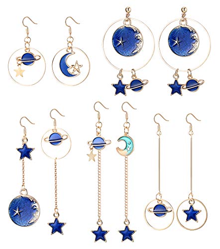 YADOCA 5 Paare Mode Asymmetrische Sterne Mond Ohrringe Blau Anhänger Ohrringe für Damen Mädchen von YADOCA