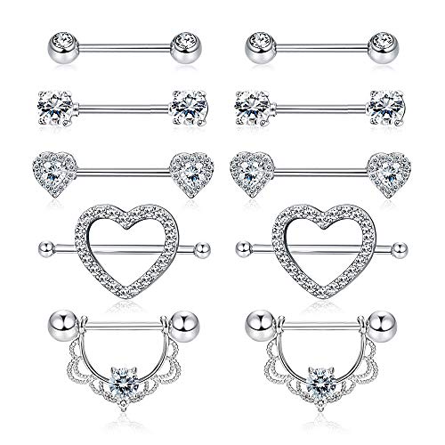 YADOCA 5 Pairs Edelstahl Nipplerings Nippelringe Zungenring CZ Barbell Herzform Ringe Piercingschmuck Set für Frauen Mädchen von YADOCA