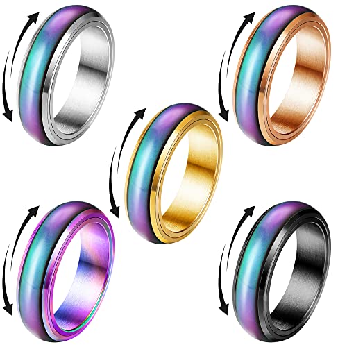 YADOCA 5 Stück Stimmungsringe Spinnerringe für Frauen Männer Mädchen Kinder Edelstahl Emotionsring Temperaturwechsel Farbe Stressabbau Fidget Ring Anxiety Rings 52 von YADOCA