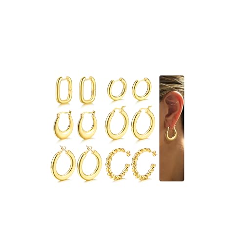 YADOCA 6 Gold Creolen Set für Damen Herren Mädchen Hypoallergen Dick Offen Schlafen Ohrringe Twisted Huggie Hoop Ohrringe Kreolen Gold Creolen Gold Groß von YADOCA