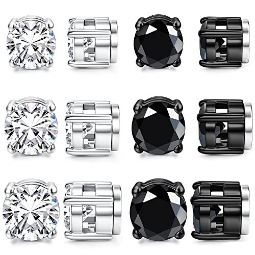 YADOCA 6 Paar Edelstahl Magnet Ohrringe für Herren Frauen Nicht Piercing Cubic Zirconia Hypoallergene Magnetische Ohrringe für Männer 6mm/7mm/8mm von YADOCA